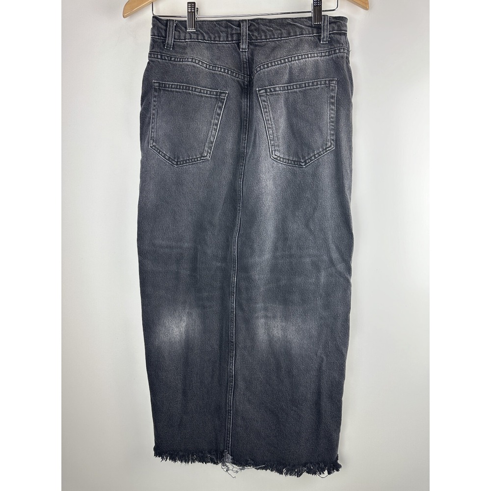 Reformation Nila Long Denim Skirt Front Slit Raw Hem Faded Washed Black Size 28 - Picture 12 of 13